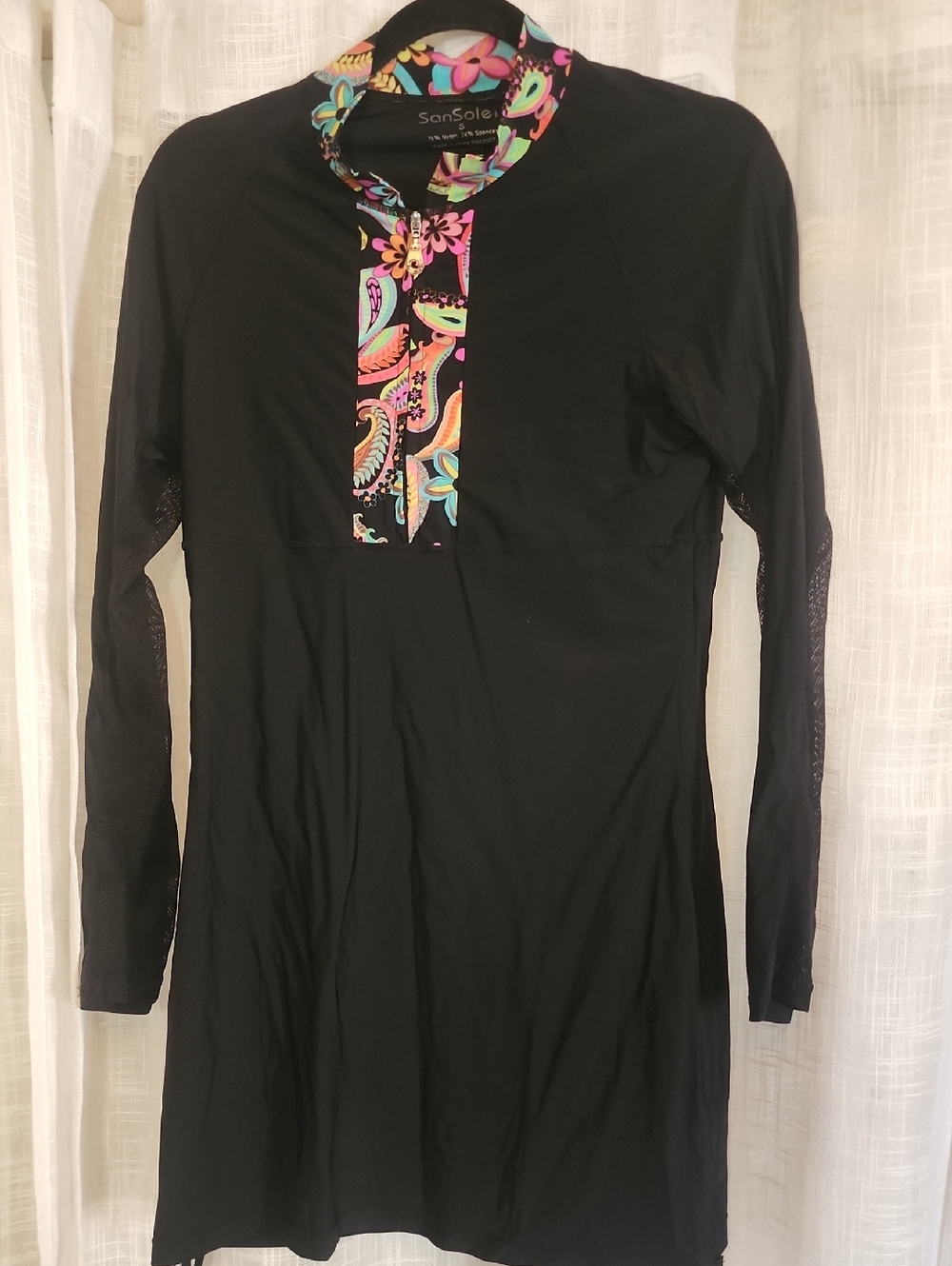 SanSoleil Black Long-Sleeve Swim Coverup with Multicolor Trim